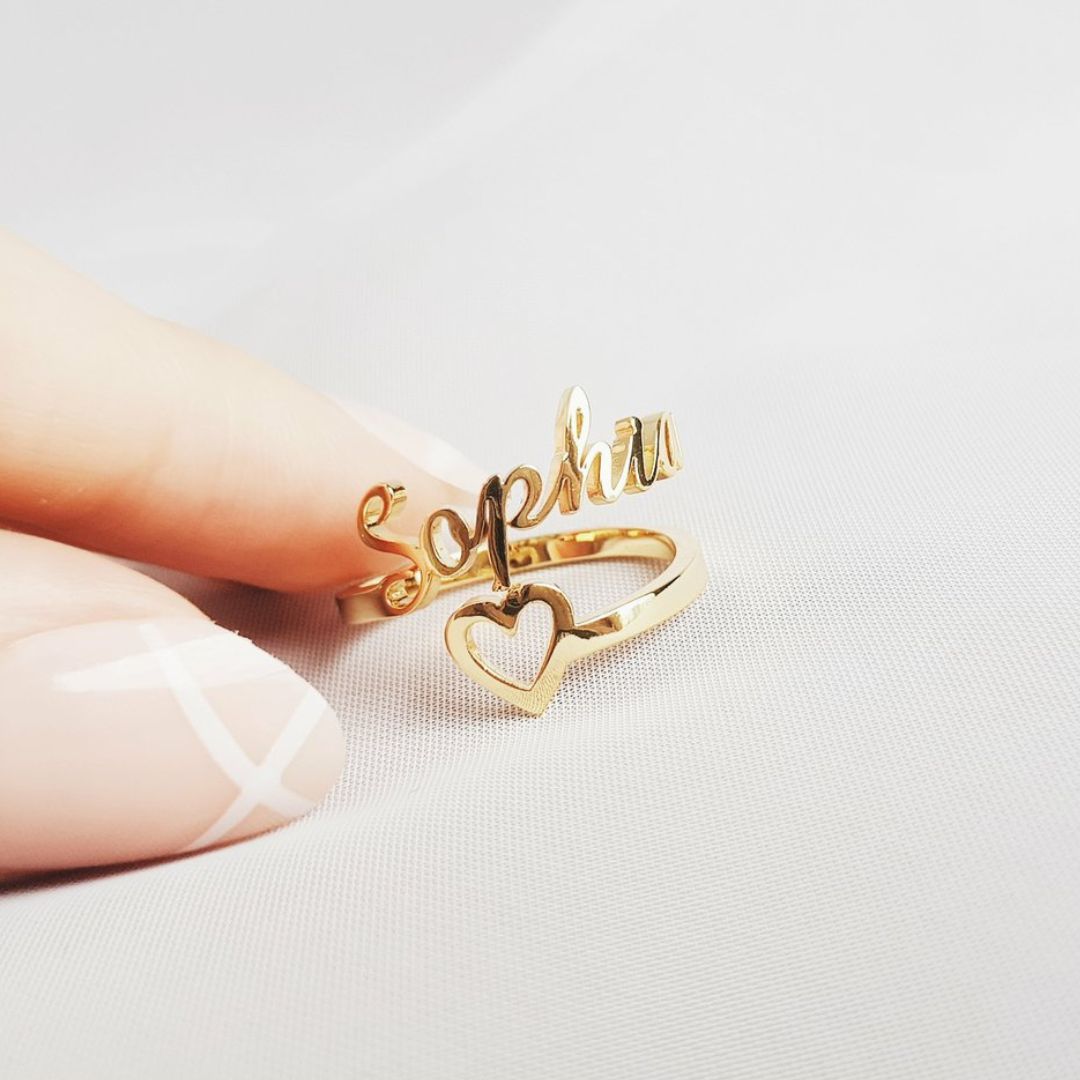 22K Adjustable Single Name, Heart Ring